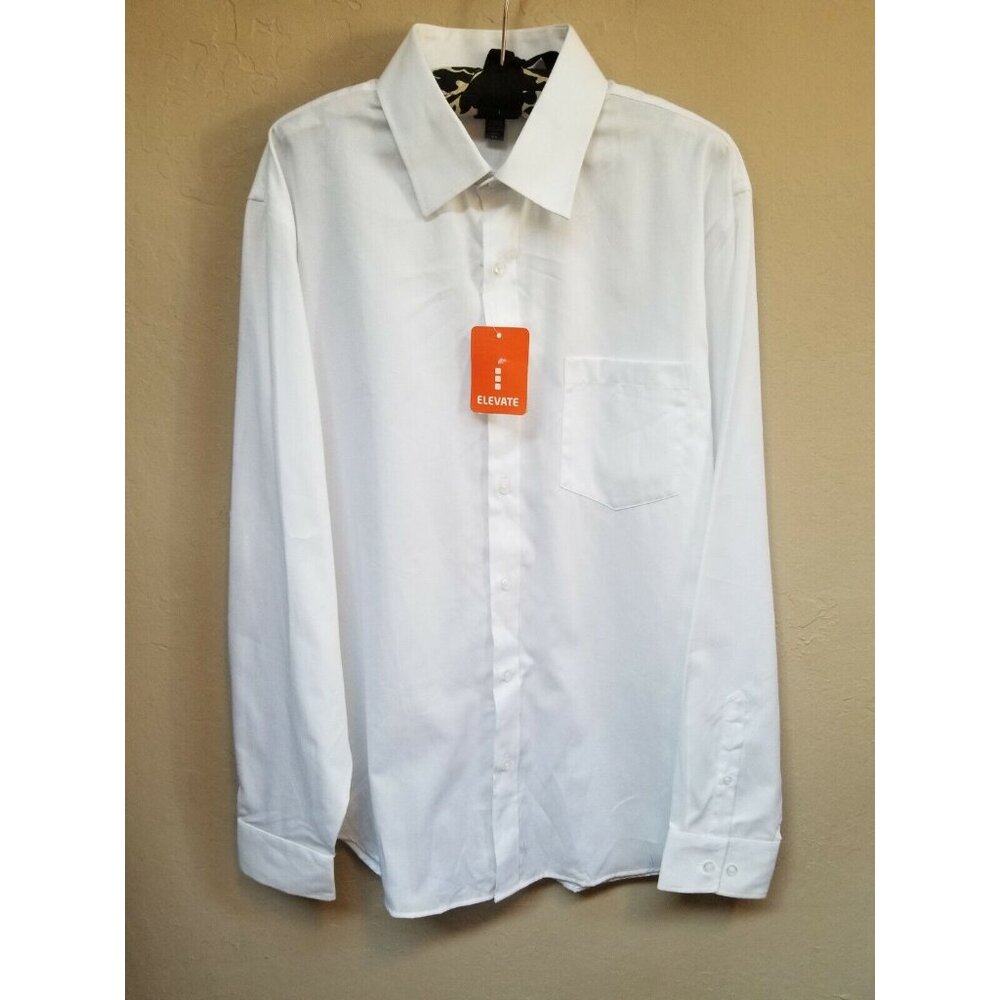 New Elevate Mens Large Long Roll Tab Sleeves Top Button Down Collared White